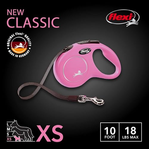 FLEXI® Classic XS Tape Retractable Dog Leash (Pink)-10 ft for Extra Small, Tiny Dogs up to 26 lbs| Ultra Compact Pocket-Size, 3-Finger Grip, German Quality| Tangle-Free, One-Hand Brake, Pause & Lock - color: Pink, size: X-Small - 10 Feet (Tape)