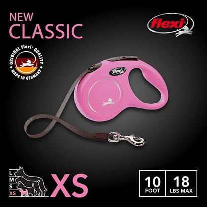 FLEXI® Classic XS Tape Retractable Dog Leash (Pink)-10 ft for Extra Small, Tiny Dogs up to 26 lbs| Ultra Compact Pocket-Size, 3-Finger Grip, German Quality| Tangle-Free, One-Hand Brake, Pause & Lock - color: Pink, size: X-Small - 10 Feet (Tape)