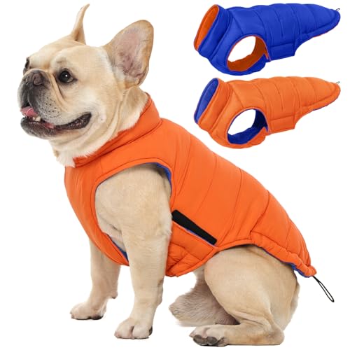 QBLEEV Reversible Dog Jacket for Small Dogs, Waterproof Windproof Warm Winter Coat with Adjustable Fit & Leash Hole, Lightweight Reversible Puffer Vest, Orange, S – Fits Yorkie, Shih Tzu - color: Orange-Navy, size: Small
