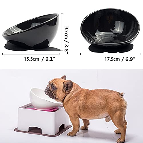 Ceramic Bulldog Bowl Dog Feeding Bowl - Dog Dish Wide Mouth Pet Sterile Tilted Pet Feeder with Anti-Skid Rubber Mat for Small Medium Dogs (Black) - color: Black