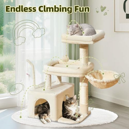 Taoqimiao MS043M Cat Tree, 32.2-Inch Cat Tower for Indoors Cats, Cat Condo with Large Cat Perch, Spacious Cat Cave, Scratching Posts for Small and Medium Cats, Beige - color: Beige