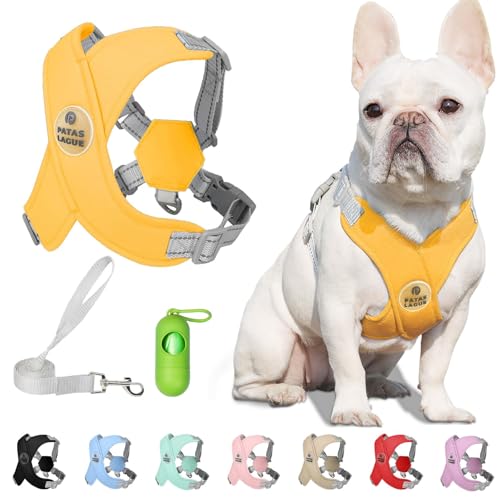 Dog Harness with Leash Set Adjustable Soft Padded Step-in Dog Vest No Choke No Pull Reflective for Small Pets with Poop Bags and Dispenser, Solid and No-chew, Yellow XS - color: Yellow, size: XS (Neck 16-19.1'' Chest 18.8-21.5'')