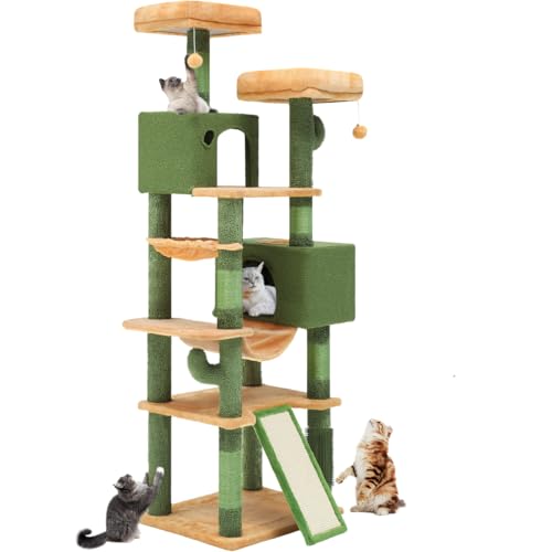 YITAHOME 193 cm Tall Cactus Cat Tower for Large Cats,76 inch Heavy Duty Cat Tree for Indoor Large Adult Big Cats Maine Coon Cat Tree Tower with Scratching Post, Hammock, Cat Condo, Cactus Green - style: Cactus