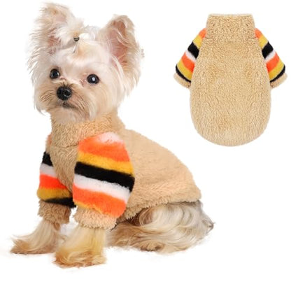 Dog Sweater for Small Winter Warm Fleece Turtleneck Sweatshirt Clothes Boy Girls Pet Pullover with Rainbow Sleeves Cat Apparel Stretchy Outfit(Khaki, XS) - color: Khaki, size: X-Small