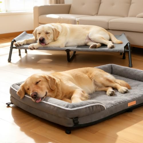 Outdoor Elevated Dog Bed,Raised Dog Beds for Large Dogs, Washable Dog Cot with Headrest Sides, Non-Skid Feet,Breathable Mesh,Cooling Pet Beds for Indoor or Camping - size: 43.3"L x 32.3"W x 12.2"Th