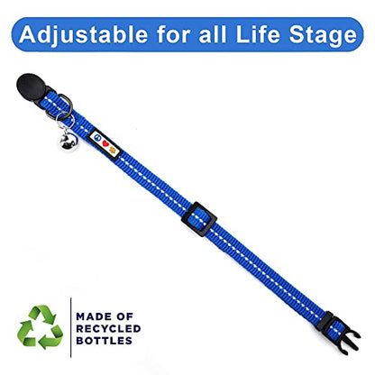 Pawtitas Recycled Blue Reflective Cat Collar – Eco-Friendly Breakaway Safety Buckle, Adjustable Kitten & Adult Collar with Removable Bell and High-Visibility Strap - color: Recycled Blue