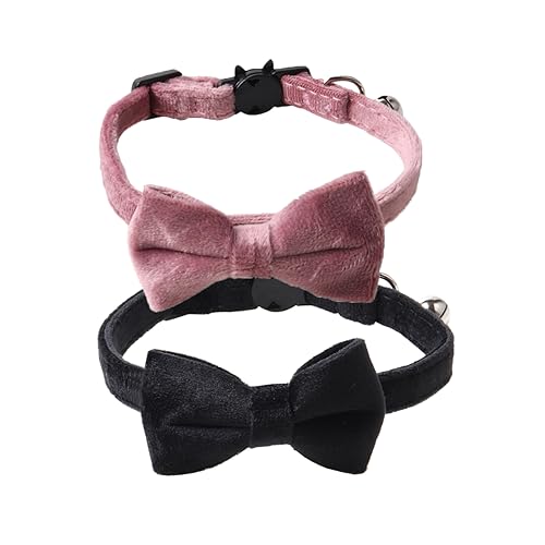 Love Dream Cat Collar Breakaway with Bow Tie and Bells - 2 Pack Velvet Girl Boy Kitty Safety Kitten Collars with Removable Bowtie for Cats Kittens, Black & Pink - color: Black & Pink