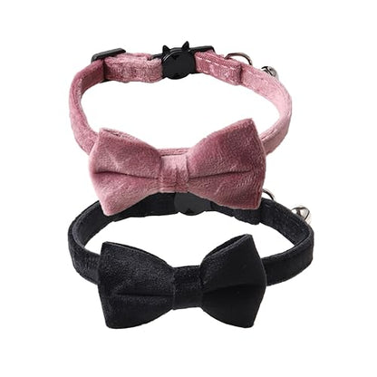 Love Dream Cat Collar Breakaway with Bow Tie and Bells - 2 Pack Velvet Girl Boy Kitty Safety Kitten Collars with Removable Bowtie for Cats Kittens, Black & Pink - color: Black & Pink