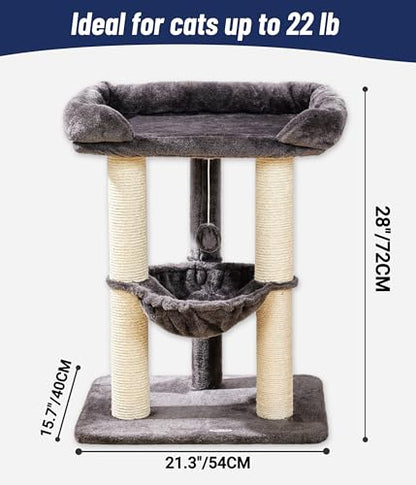 Happi N Pets 28" Cat Tree, Large Bed for Big Cats, Small Cat Tower with Soft Perch for Window Viewing, Stable Cat Tree Tower, Cat Scratching Post with Hammock, Removable Cover-Gray - color: Gray