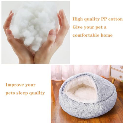 SUOXU Cat Beds for Indoor Cats,Plush Hooded Cat Cave for Puppy Kitty Small Dog Bed,Removable Washable Non-Slip Bottom Self Warming Round Fluffy Faux Fur Super Soft Calming Sleeping Pet Bed(Gray) - color: Grey