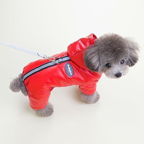 Izefia Dog Coat Windproof Jacket Cold Weather Coats 4 Legs Warm Jumpsuit Winter Thick Clothes Snow Proof Cotton Coat for Small Dog Medium Cat Red S - color: Red, size: Small (Back length: 6.7 inches)