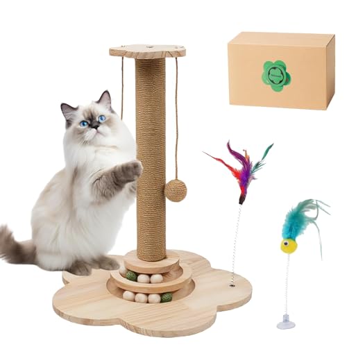 4 inch Wider Design for Large Cats Providing Greater Stability,4-in-1 Wooden Cat Scratcher Toy,Scratching Post&2-Level Track Tower with 8 Balls&2 Sisal Ball&2 Cat Wand Toy(15.8" L x 15.8" W x 19" H) - size: 15.8"L x 15.8"W x 3.1"H
