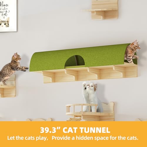 Cat Shelves for Wall, 16-in-1 Solid Wood Wall Mounted Cat Wall Shelves with Tunnel, Scratching Post, Steps & Bridge Ladder, Multi-Level Cat Climbing System, Space Saving, Floating Cat Shelves - color: Burlywood, size: 16-in-1