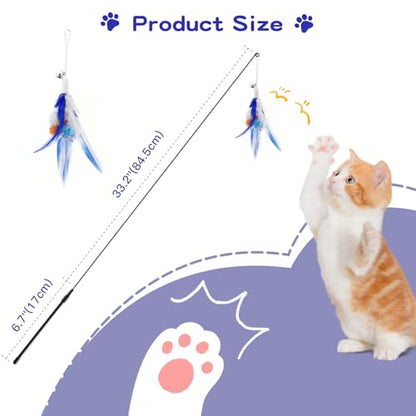 Pawaboo Feather Teaser Cat Toy, Interactive Feather Wand Cats Toy Flying Feathers Cat Catcher with Extra Long 34.5" Wand and Small Bell, Exerciser Playing Toys for Kitten or Cats, Blue - color: Blue