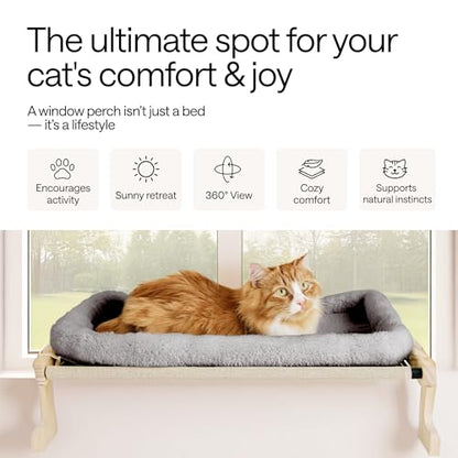 Foldable Cat Window Perch for Cats Inside – Pet Hammock Sill Extender – Cat Hammock for Windowsill, Shelf, Wall – 4 Heavy Duty Suction Cups, Sturdy Frame, Screws – 1 Plush & 1 Textile Window Cats Bed