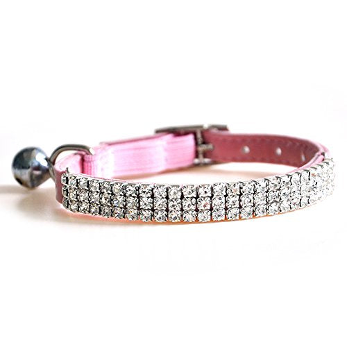 CHUKCHI Soft Velvet Safe Cat Adjustable Collar Bling Diamante with Bells,11 inch for Small Dogs and Cats (Pink- 2 Pack) - color: Pink- 2 Pack