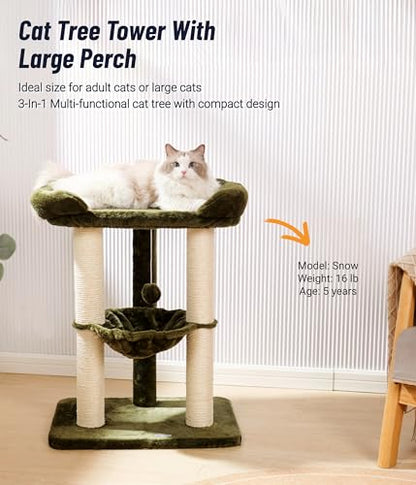 Happi N Pets 28" Cat Tree, Large Bed for Big Cats, Small Cat Tower with Soft Perch for Window Viewing, Stable Cat Tree Tower, Cat Scratching Post with Hammock, Removable Cover-Green - color: Olive Green