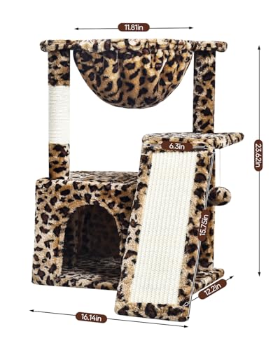 SYANDLVY Leopard Print Cat Tree for Indoor Cats, Small Cat Tower with Scratching Post & Board, Modern Activity House Condo with Cradle, Hanging Ball for Play, Kittens Cave - color: Leopard Print