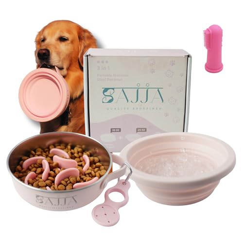 Pink Slow Feeder 3-in-1 Travel Dog Bowl Set – 30 OZ Stainless Steel + 20 OZ Collapsible BPA-Free Silicone Bowl Lid | Silicon Slow Feeder Insert | Non-Slip, Anti-Choking|, Carabiner | We give Back - color: Slow feeder Pink Bowl
