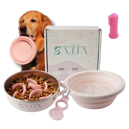 Pink Slow Feeder 3-in-1 Travel Dog Bowl Set – 30 OZ Stainless Steel + 20 OZ Collapsible BPA-Free Silicone Bowl Lid | Silicon Slow Feeder Insert | Non-Slip, Anti-Choking|, Carabiner | We give Back - color: Slow feeder Pink Bowl