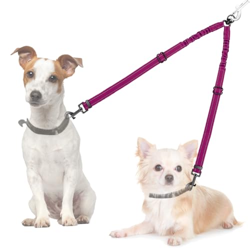AUTOWT Double Dog Leash, No Tangle 360°Swivel Rotation Reflective Lead Attachment Adjustable Length Dual Two Dogs Lead Splitter, Comfortable Shock Absorbing Walking Training for 2 Dogs - color: Fushcia, size: Small（7-20lbs)