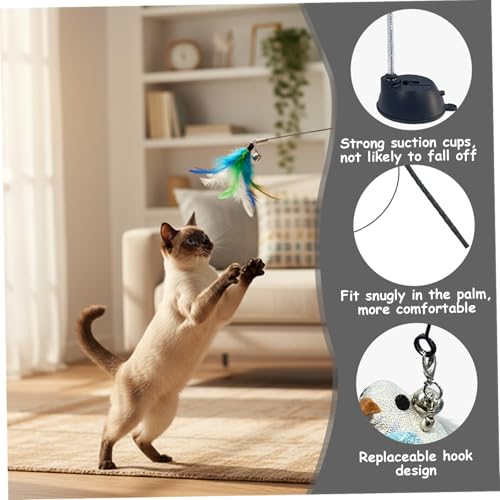 Suction Cup Cat Toy 35in Flexible Steel Cat Wand with Stand & DIY Refill Head 2-in-1 Hands-Free & Handheld Fun Teaser Toy for Indoor Home, Teaser