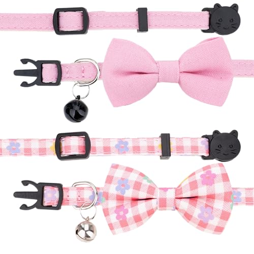 Cat Collar with Bow Tie Bell Breakaway Bowtie 2pcs Set Spring Plaid Flower Floral Solid Boy Girl Cute Kitten Safety B [Plaid & Solid] Pink - color: B [Plaid & Solid] Pink