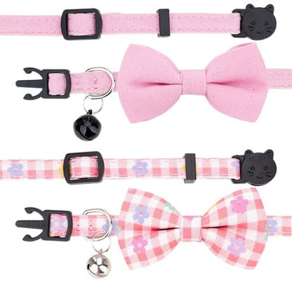 Cat Collar with Bow Tie Bell Breakaway Bowtie 2pcs Set Spring Plaid Flower Floral Solid Boy Girl Cute Kitten Safety B [Plaid & Solid] Pink - color: B [Plaid & Solid] Pink