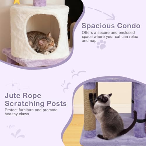 PETSITE 31.5-inch Cute Cat Tree, Multi-Level Small Cat Tree with Scratching Posts, Condo, Star-Shaped Dangling Toys, and Top Perch, Star, Moon & Cloud Elements Mixed, Ideal for Indoor Cats (Purple) - color: Purple
