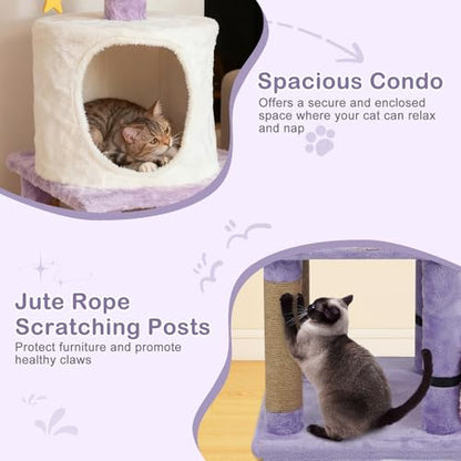 PETSITE 31.5-inch Cute Cat Tree, Multi-Level Small Cat Tree with Scratching Posts, Condo, Star-Shaped Dangling Toys, and Top Perch, Star, Moon & Cloud Elements Mixed, Ideal for Indoor Cats (Purple) - color: Purple