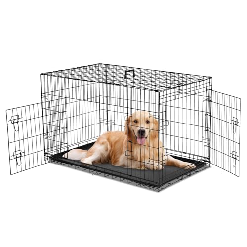 Dog Crate, 36 Inch Medium Wire Kennel with Divider Panel, Metal Cages with Double Door, Leak-Proof Pan Tray, Folding Portable for Indoor Outdoor Travel - color: Jet Black, size: 36-inch