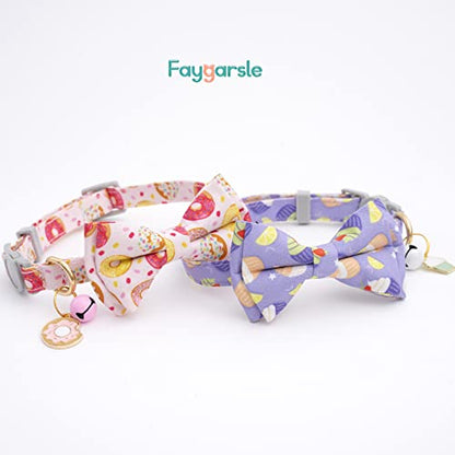Faygarsle 2 Pack Cute Cats Collar with Bell Breakaway Bowtie Cat Collars for Male Female Cat Soft Fancy Pink Purple Cat Collar with Ice Cream Doughnuts Pattern Summer Cat Collar for Boy Girl Cats - color: Ice Cream&Doughnuts