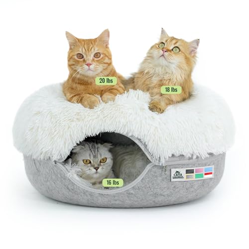 CATTASAURUS Peekaboo Cat Cave for Multiple & Large Cats Up to 30-45 Lbs, Fluffy Cat Beds for Indoor Cats, Scratch Detachable & Washable Tunnel Bed, Comfy Donut Cave (Light Gray, Large (Calming)) - color: Light Gray (Calming), size: Large