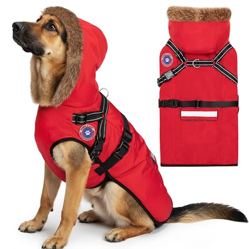 PAWNISAW Dog Winter Coat with Harness Built in, Warm Thick Plush Hooded Dog Snow Jacket for Cold Weather, Windproof Reflective Pet Clothes Outfit for Small, Medium, Large, XL & XXL Dogs Outdoor - color: Red