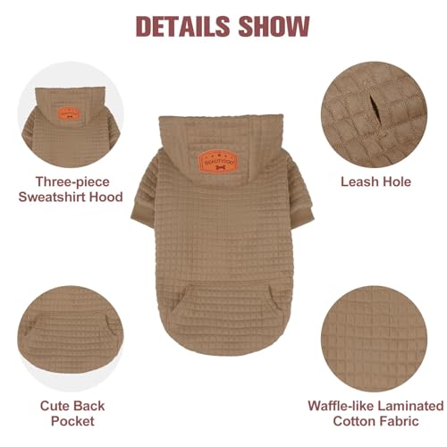 BEAUTYZOO Small Dog Hoodie Sweater with Pockets, Dog Clothes for Small Medium Dogs Boy Girl, Waffle-Like Laminated Cotton Pet Coats with Hat and Leash Hole, Khaki S - color: Khaki, size: S (Back: 12",Chest: 16", Neck: 10")
