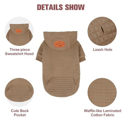 BEAUTYZOO Small Dog Hoodie Sweater with Pockets, Dog Clothes for Small Medium Dogs Boy Girl, Waffle-Like Laminated Cotton Pet Coats with Hat and Leash Hole, Khaki S - color: Khaki, size: S (Back: 12",Chest: 16", Neck: 10")