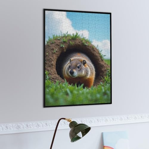 Groundhog Pops Out Hole Groundhog Day 1000-Piece Wooden Jigsaw Puzzle, Fun Groundhog Illustration, Family Entertainment, Relaxing Puzzle Time - color: #7
