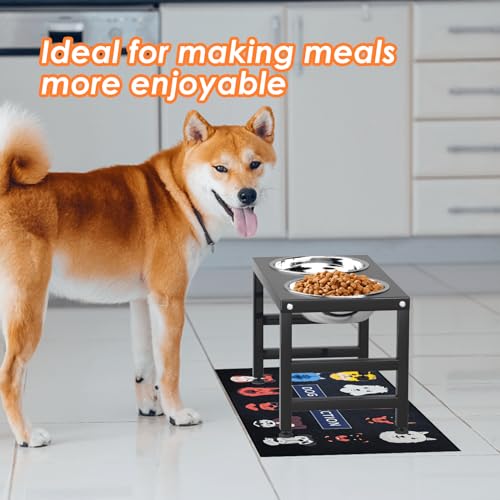 ADENGL Metal Raised Dog Bowl, 10" Tall Elevate Dog Feeder Stand with 2 Stainless Steel 42oz Bowls & 16x24 Non-Slip Mat – Stronger Dogs Food & Water Bowl Stand (Black) - color: Black - L Dog Mat, size: Height-10inch
