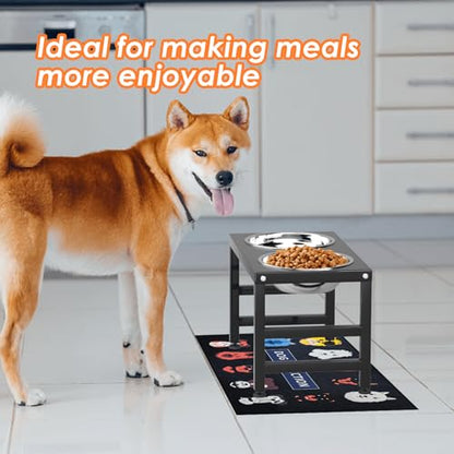 ADENGL Metal Raised Dog Bowl, 10" Tall Elevate Dog Feeder Stand with 2 Stainless Steel 42oz Bowls & 16x24 Non-Slip Mat – Stronger Dogs Food & Water Bowl Stand (Black) - color: Black - L Dog Mat, size: Height-10inch