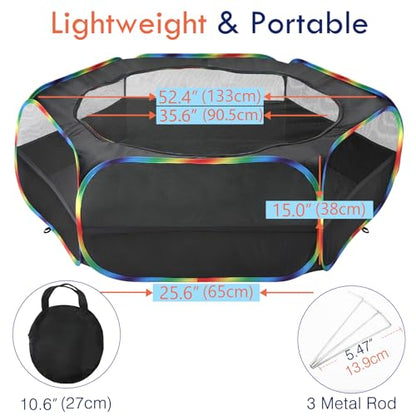 Pawaboo Small Animals Playpen, Waterproof Small Pet Cage Tent with Zippered Cover, Portable Outdoor Yard Fence with 3 Metal Rod for Chick/Kitten/Puppy/Guinea Pig/Rabbits/Hamster, Black + Rainbow - color: N-Black + Rainbow