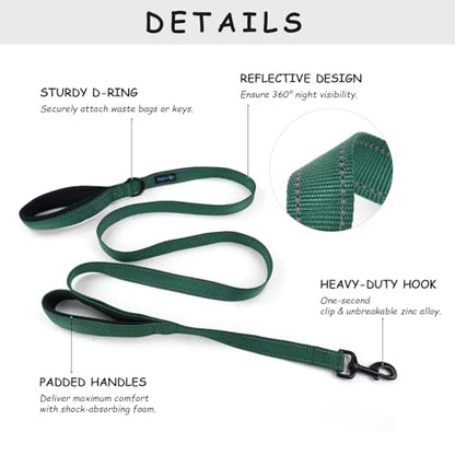 Wagtime Club Double Handle Dog Leash, 6ft Long Heavy Duty Dog Leash with Paded Traffic Handles for Extral Control and Training, Dual Handles Leads, Large Medium Small Dogs (Reflective Hunter Green) - color: Reflective Hunter Green