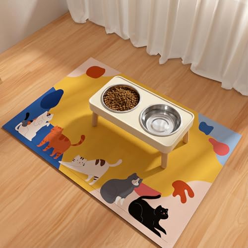 BLESWIN Pet Feeding Mats 16"x24", Water Absorbing Mat for Dog Bowl, Water Bowl Mat for Dogs Waterproof, Non Slip Mat for Dogs, Dog Water Bowl Mat for Messy Drinkers, Cat Mat for Food and Water, Cat - color: Cat, size: 16"x24"
