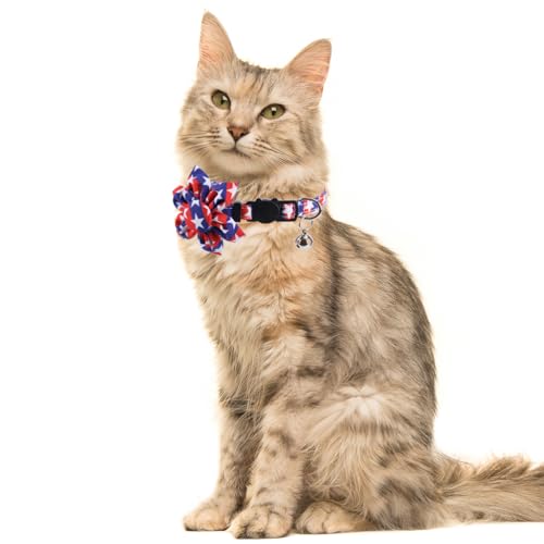 American Flag Cat Collar with Bell Sunflower Star Adjustable 4th of July Breakaway Cat Kitten Collars for Independence Day - color: 4th of July-2-sunflower