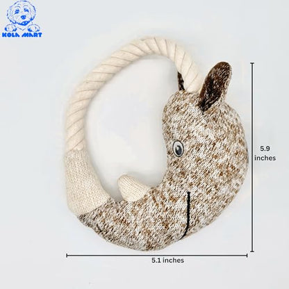 Rustic Knit Horned Tugger Dog Toy - Plush & Rope Tug Toy for Dogs | Knitted Chew Toy with Hemp Rope Loop | Safe Embroidered Eyes | Tug of War Fetch Toy for Small Medium Dogs
