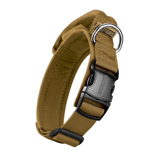 OneTigris Tough Dog Collars, Tactical Dog Collar with Handle, Milltary Adjustable Dog Collar with Heavy Duty Metal Buckle for Training (Brown, S) - color: Brown, size: S