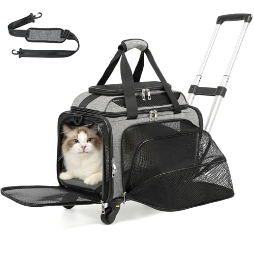 Cozy Cruiser Pet Carrier with Wheels,TSA Airline Approved, Expandable Space, Soft-Sided & Collapsible Design,Rolling Travel Bag with Telescopic Handle for Small Dogs and Cats - color: Grey