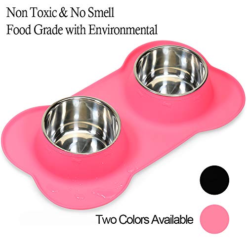 Dog Food Bowls Stainless Steel Pet Food Bowls & Dog Water Bowls, Dog Bowls Silicone Mat No Spill Non-Skid Feeding Bowls for Small Size Dog Puppy Cat Food Dish, Pink, 3 Cup/24oz, Set of 2 Bowls - color: Pink, size: 3 Cup/27 oz each