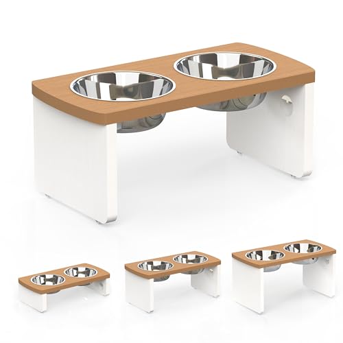 Elevated Dog Bowls, Waterproof Raised Dog Bowl for Medium Dogs, HIPS Poly Lumber Stand with 2 Stainless Steel Bowls, Indoor & Outdoor Use (7'' Tall-40 oz Bowl, Teak - White) - color: Teak - White, size: Medium: 7'' Tall-40oz Bowl