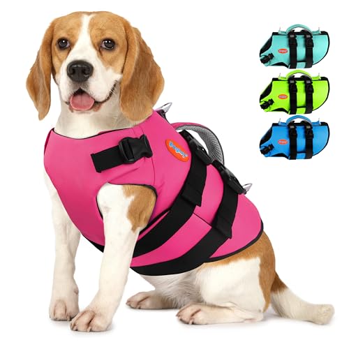 Dog Life Jacket- High Flotation Neoprene Dog Swimming Vest, Reflective Adjustable Life Vests for Boating, Lightweight Life Preserver with Handle & Double D-Rings for Small Medium Large Dogs - color: Pink, size: Large
