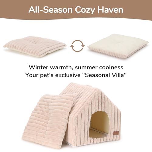 FUKUMARU Cat Houses for Indoor Cats, Washable Cute Cat Bed Cave with Removable Pillow, Large Semi-Enclosed Cozy Dog House Indoor, Soft Faux Rabbit Fur Kitten Bed, 17.5-Inch Cat Hideaway, Pink Grey - color: Pink Grey